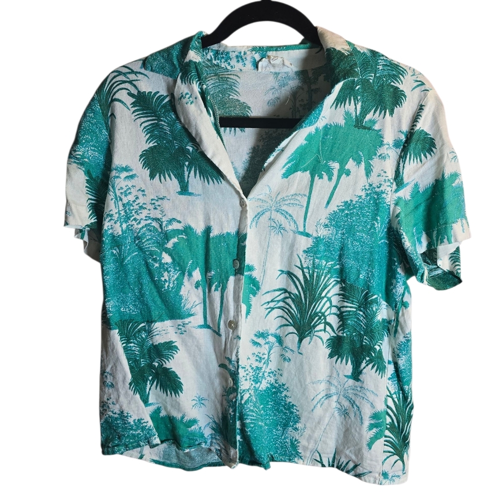 Panama Jack Green and White Short Sleeve Linen Tropical Shirt Size Small